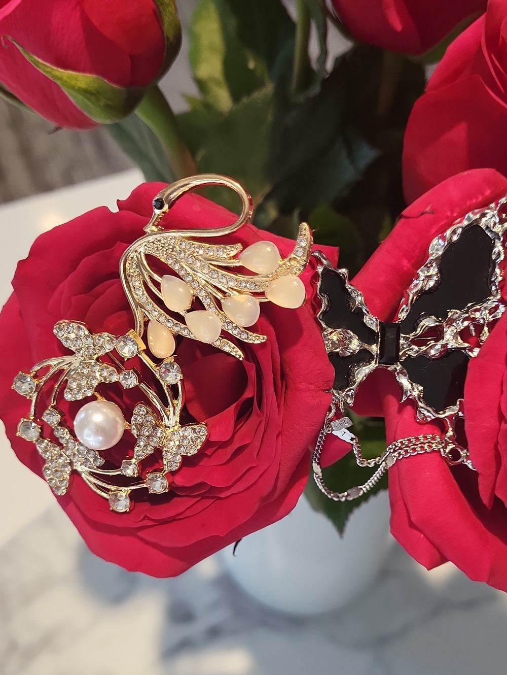Brooches, Gold Bee and Floral Brooch Set with Green, Black and Pearl Accents - Picture 12 of 12